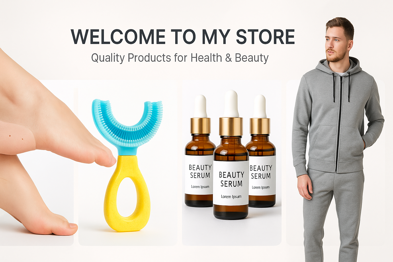 1: Silicone Gel Heel Pad Socks For Pain Relief And Anti Crack Heel 1 Pair Heel Cups Heel Guards Heel Protectors Heel Sleeves For Relieve Heel Pads Cushion Heel Pain, Heal Dry Cracked Heels, Achilles Tendinitis, For Men & Women

2: U shaped toothbrush for kids

3: Serum for girls

4: Daisy beauty whitening cream

5: Tracksuits for men

these are the products on my shopify store.

create the banner image for homepage for my store and should be full hd