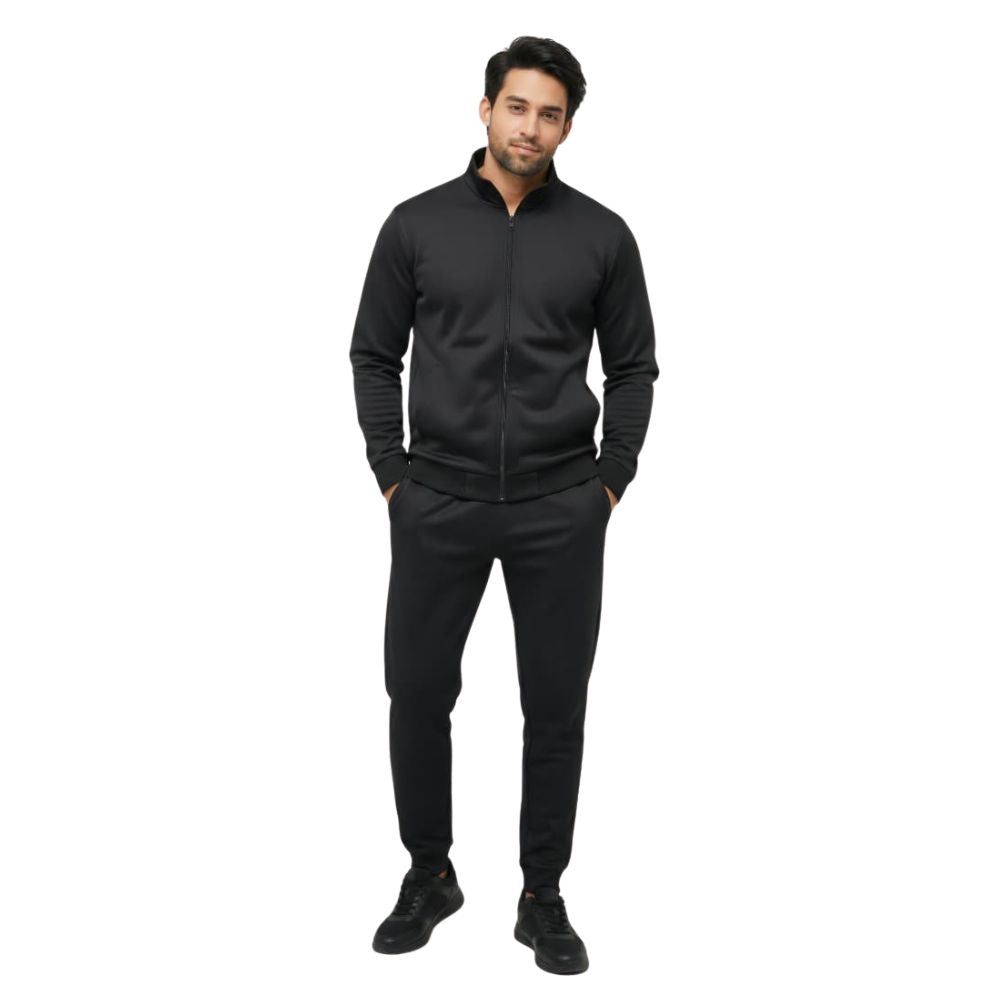Men’s Fleece Ban Collar Track Suit – Black | 2 Pcs Zipper Sportswear