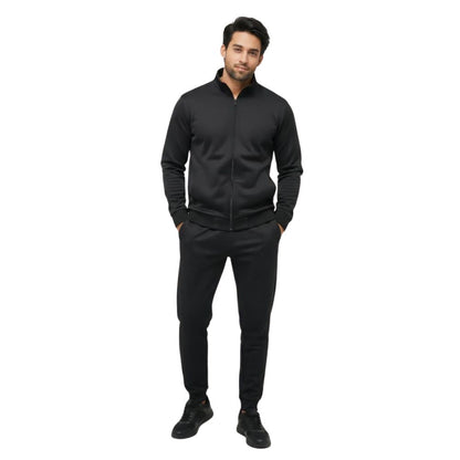 Men’s Fleece Ban Collar Track Suit – Black | 2 Pcs Zipper Sportswear