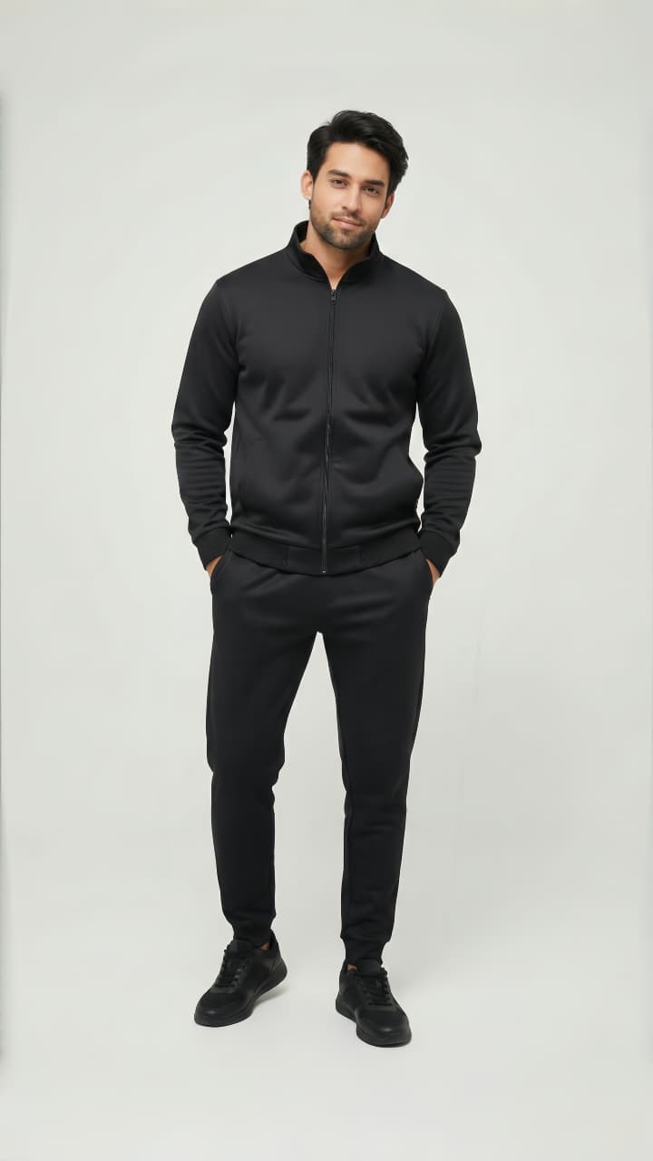 Men’s Fleece Ban Collar Track Suit – Black | 2 Pcs Zipper Sportswear