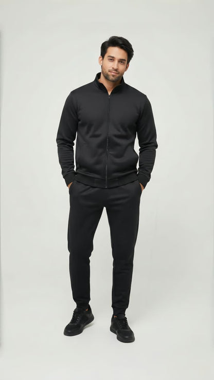 Men’s Fleece Ban Collar Track Suit – Black | 2 Pcs Zipper Sportswear