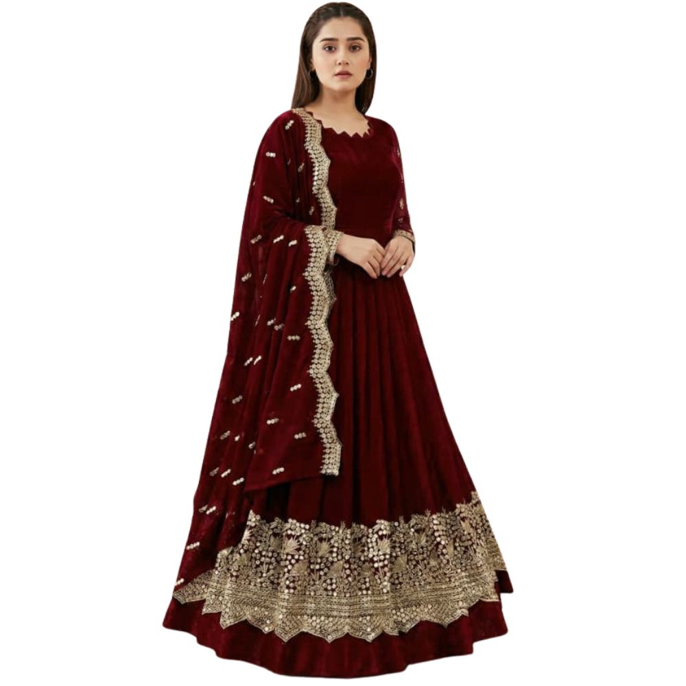 Women's Silk 3-Piece Maxi Set with V-Neck, Trouser & Chiffon Dupatta