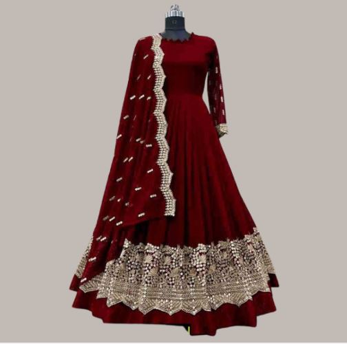 Women's Silk 3-Piece Maxi Set with V-Neck, Trouser & Chiffon Dupatta