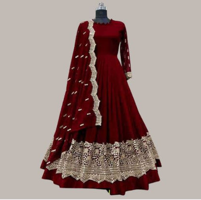 Women's Silk 3-Piece Maxi Set with V-Neck, Trouser & Chiffon Dupatta